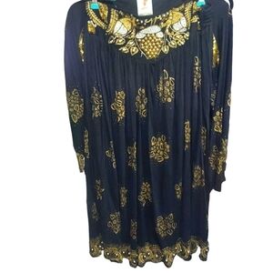 Vintage Bali Chic 2 Piece Embellished Gold Pearls Maxi Skirt Top Set OS